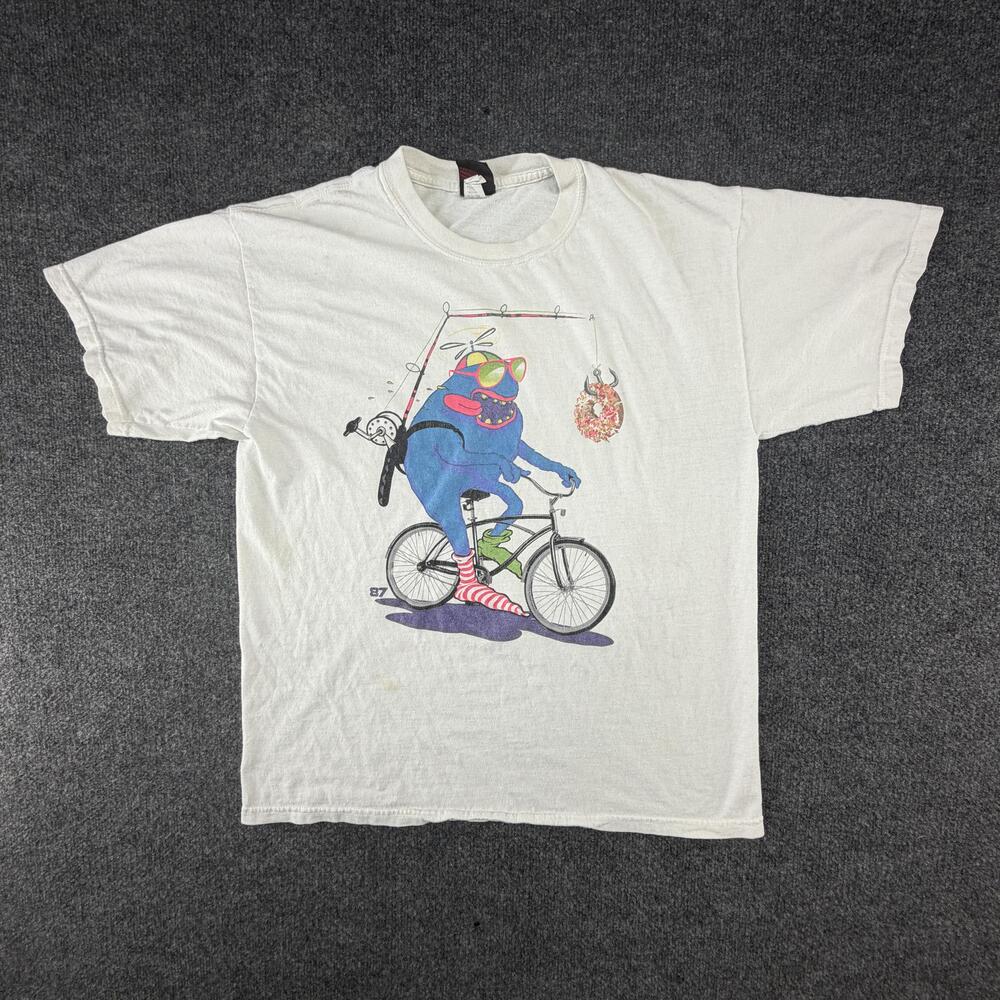 Vintage Mad Engine Monster Donut Bicycle Shirt Mens Large White 80s Graphic Tee